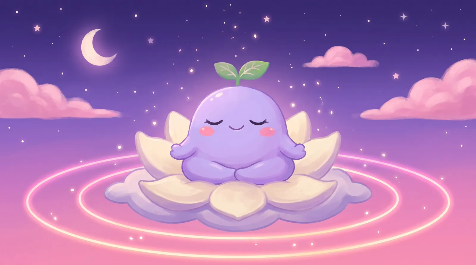 The dreamling meditating on a lotus cloud inside rings of light