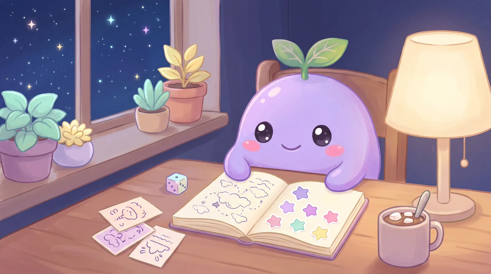 The dreamling at a cozy desk with an open notebook, cards and a warm lamp