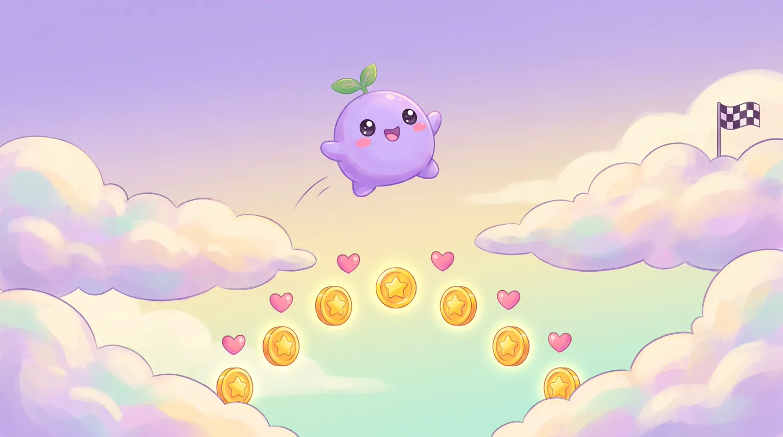 The dreamling mid-jump on a cloud level, catching stars made of its own words