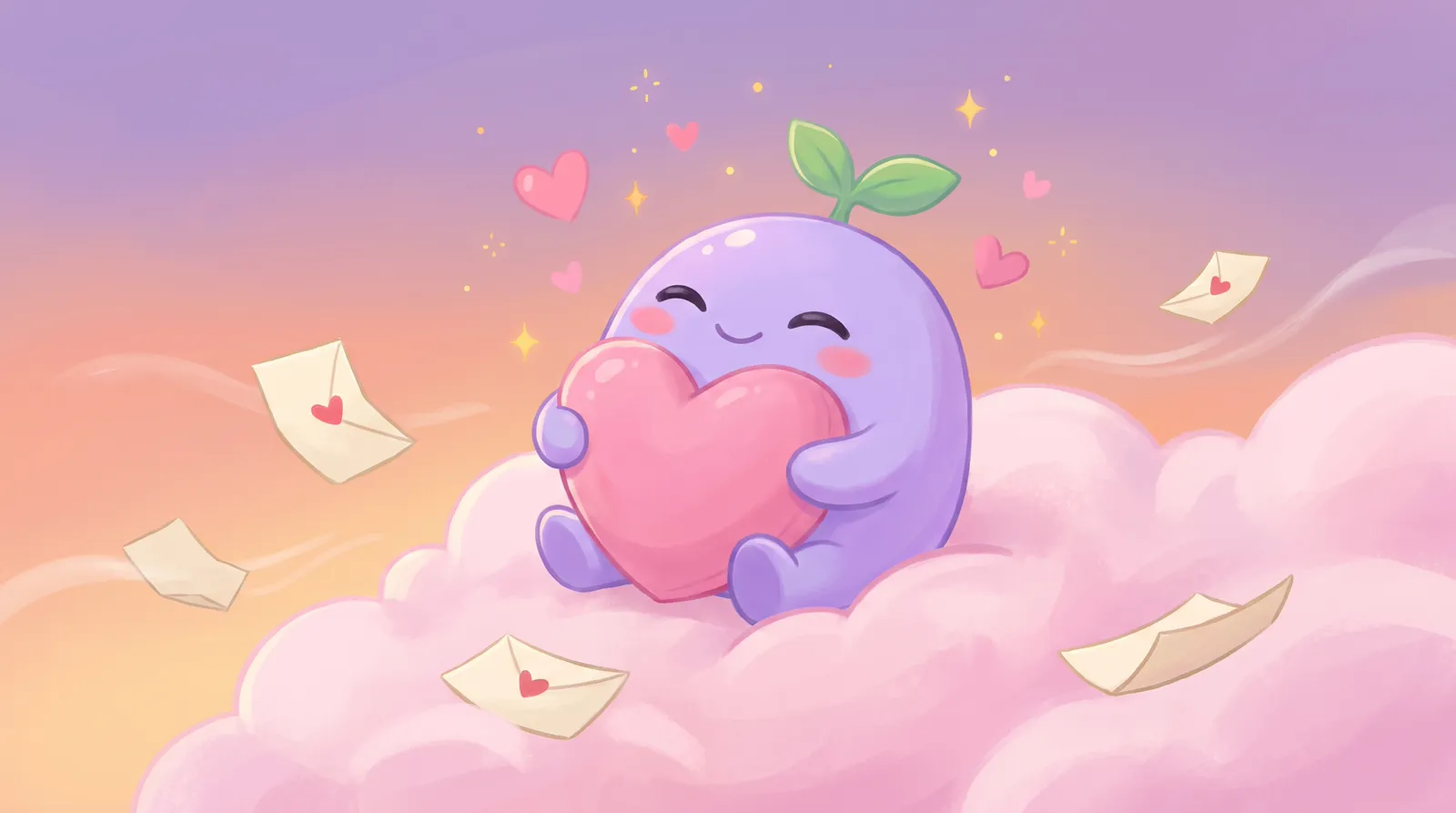 The dreamling hugging a big heart-shaped pillow on a pink cloud at sunset, love notes drifting by