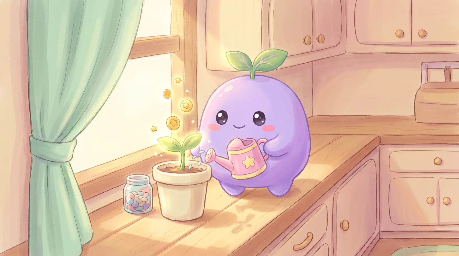 The dreamling watering a small sprout whose leaves glow golden on a sunny windowsill