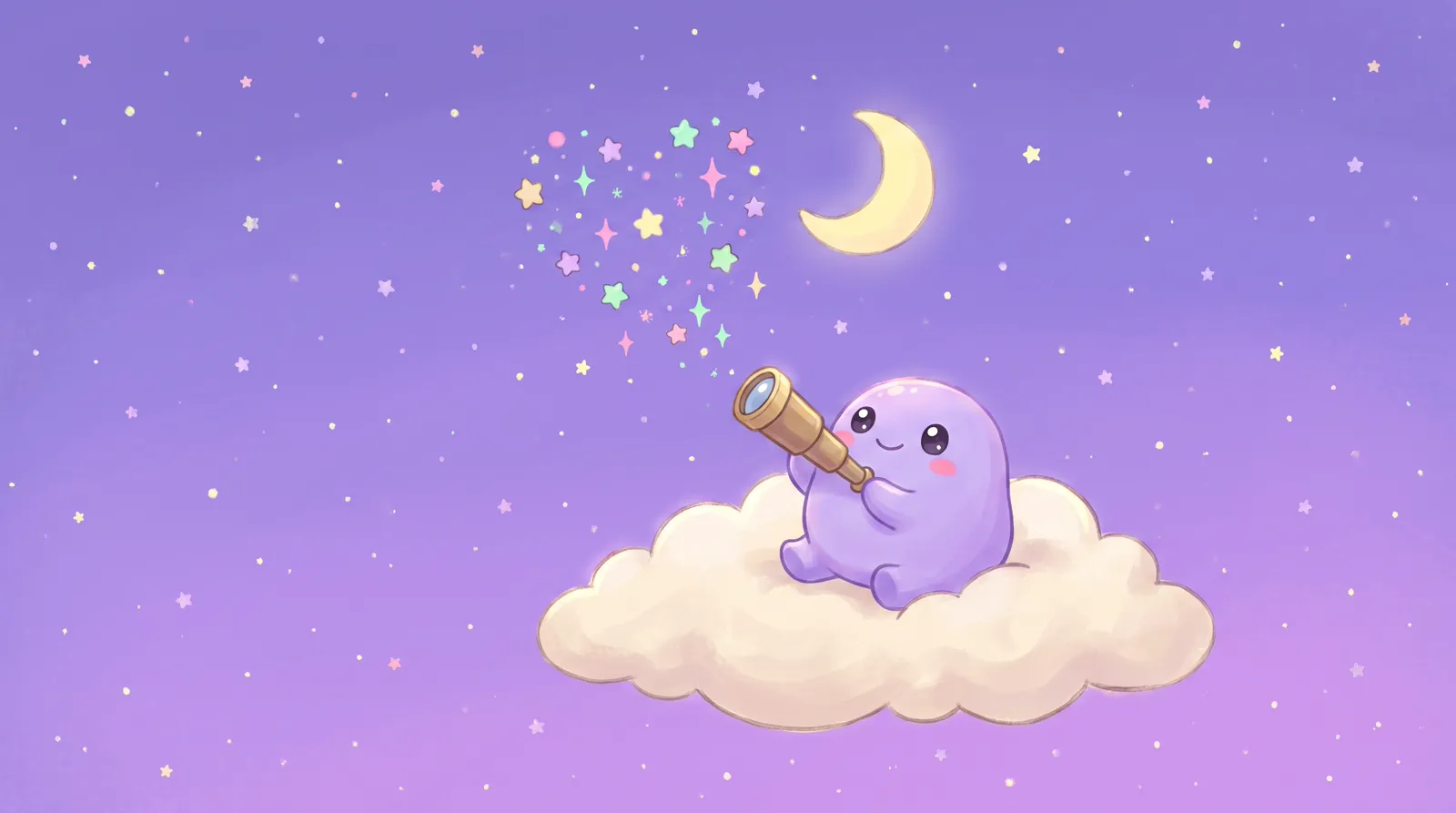The dreamling on a cloud looking through a telescope at stars gathering into a heart