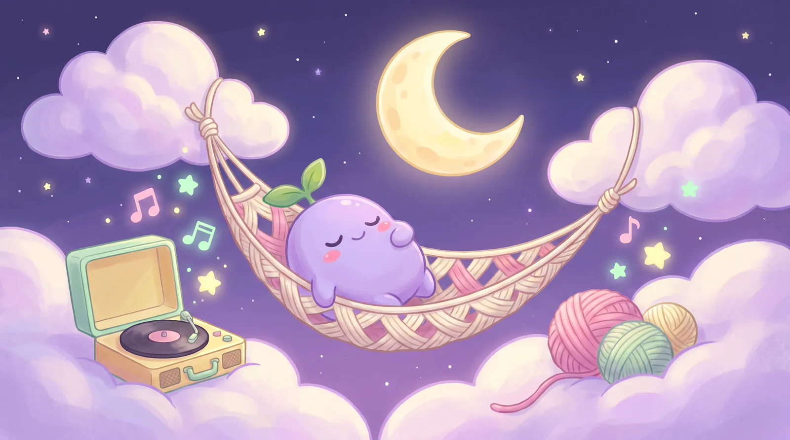 The dreamling asleep in a hammock between two clouds beside a small record player