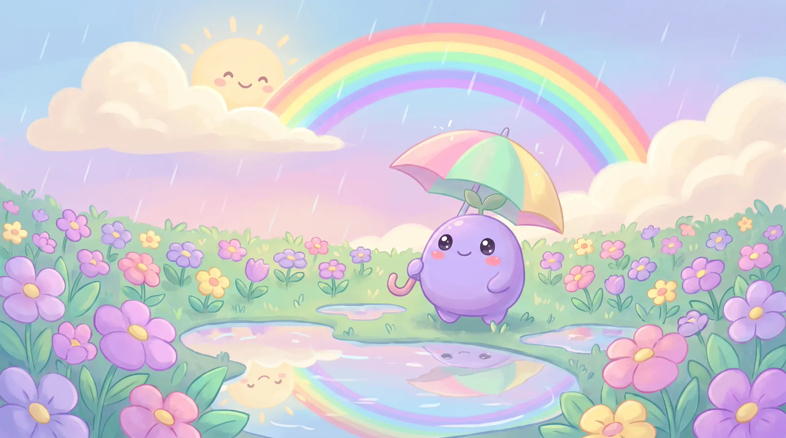 The dreamling with a small umbrella in a meadow as the rain stops and a rainbow appears