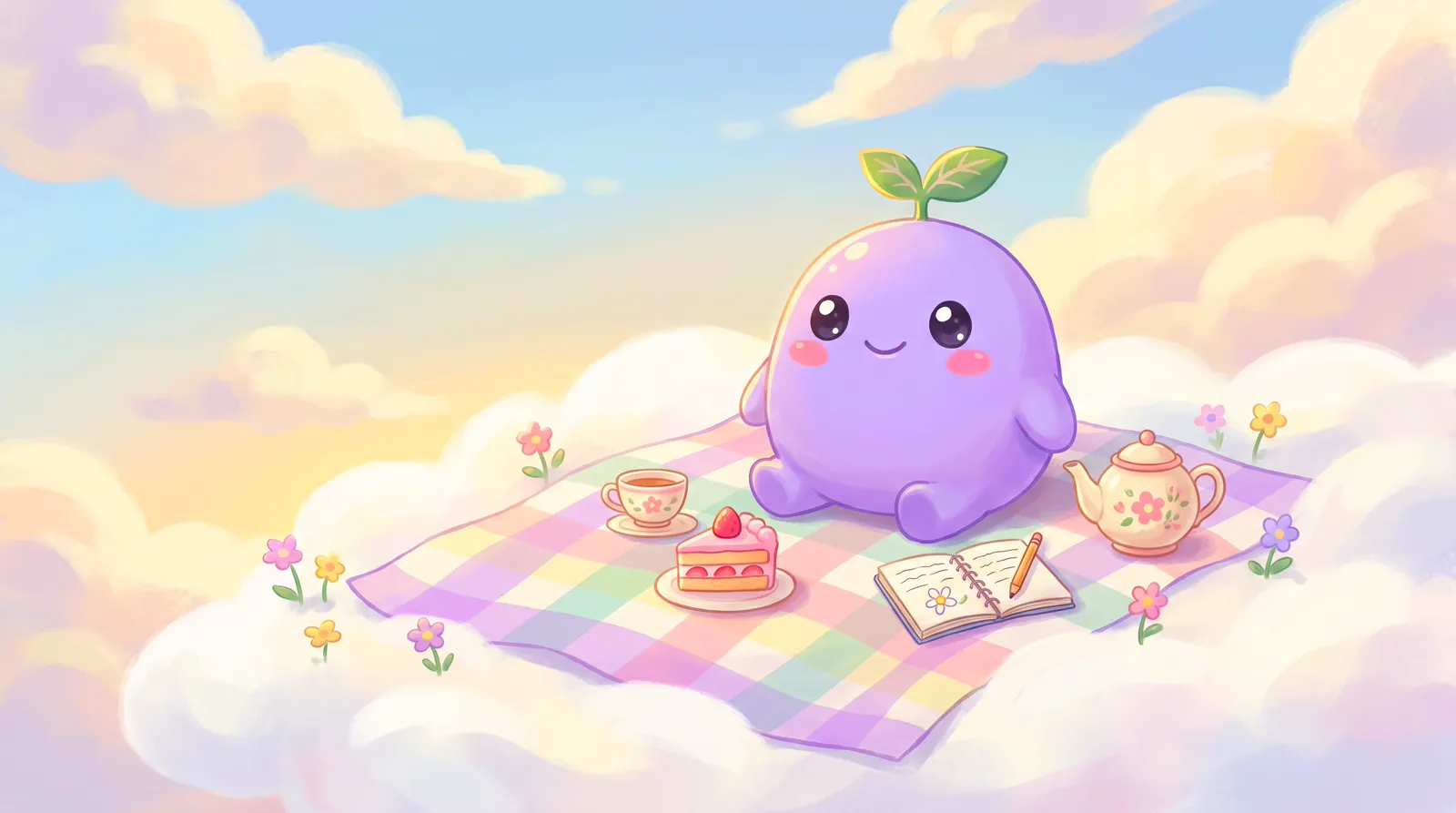The dreamling at a picnic on a cloud, writing a thank-you note beside a teapot and cake