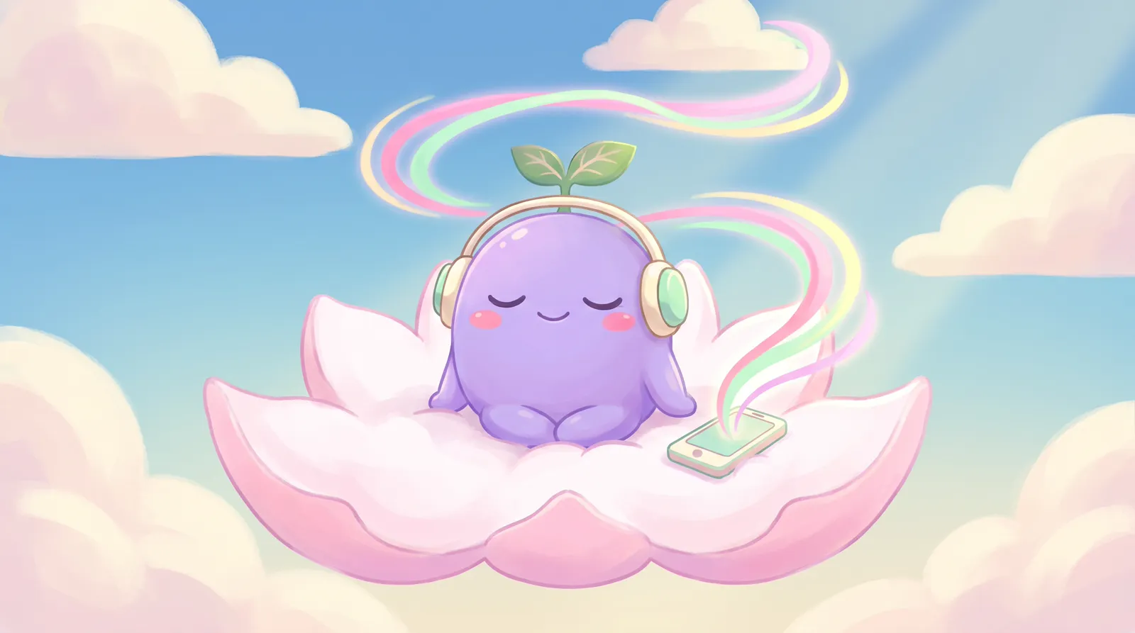 The dreamling meditating on a lotus cloud in daylight with small headphones on