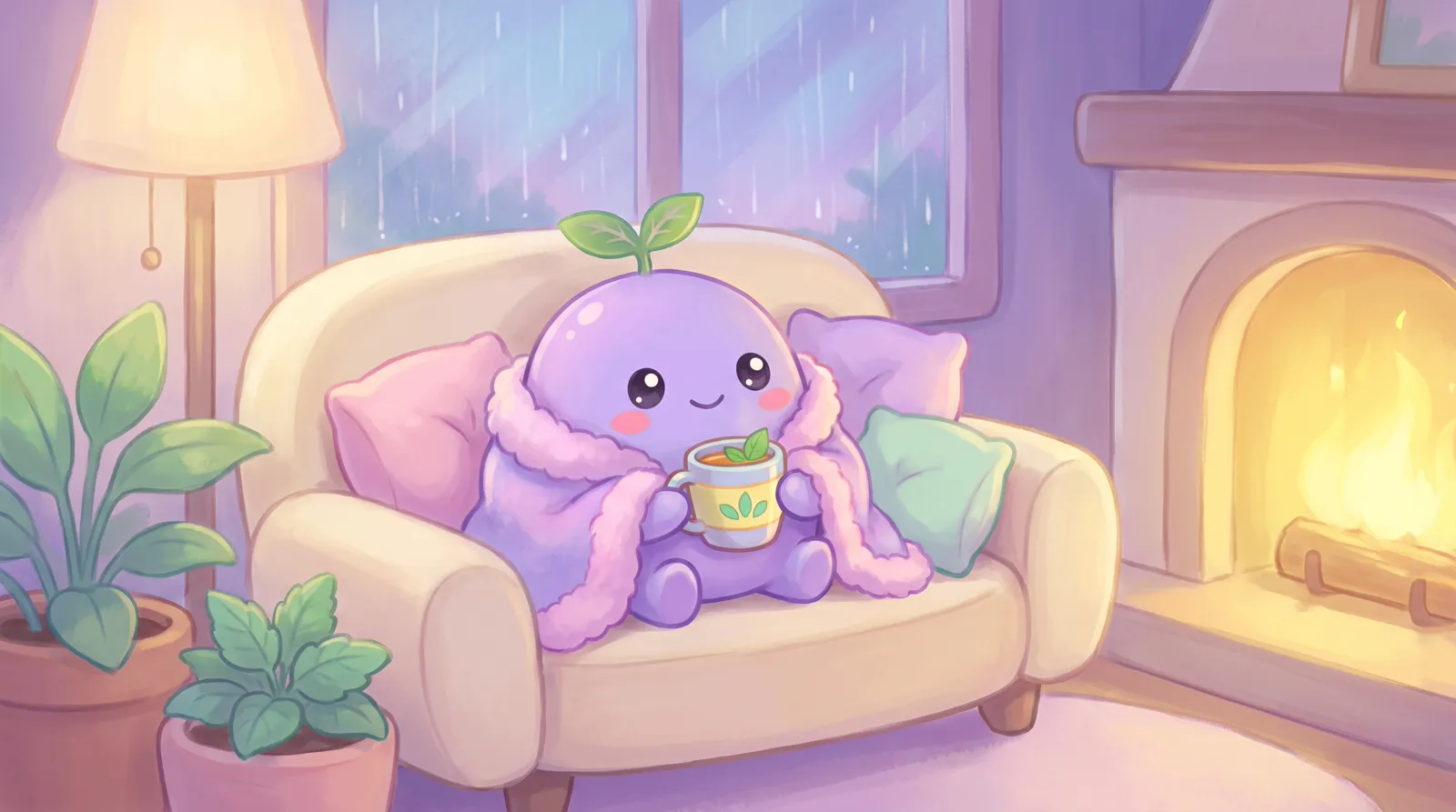 The dreamling wrapped in a blanket on a sofa with tea and a fireplace glow