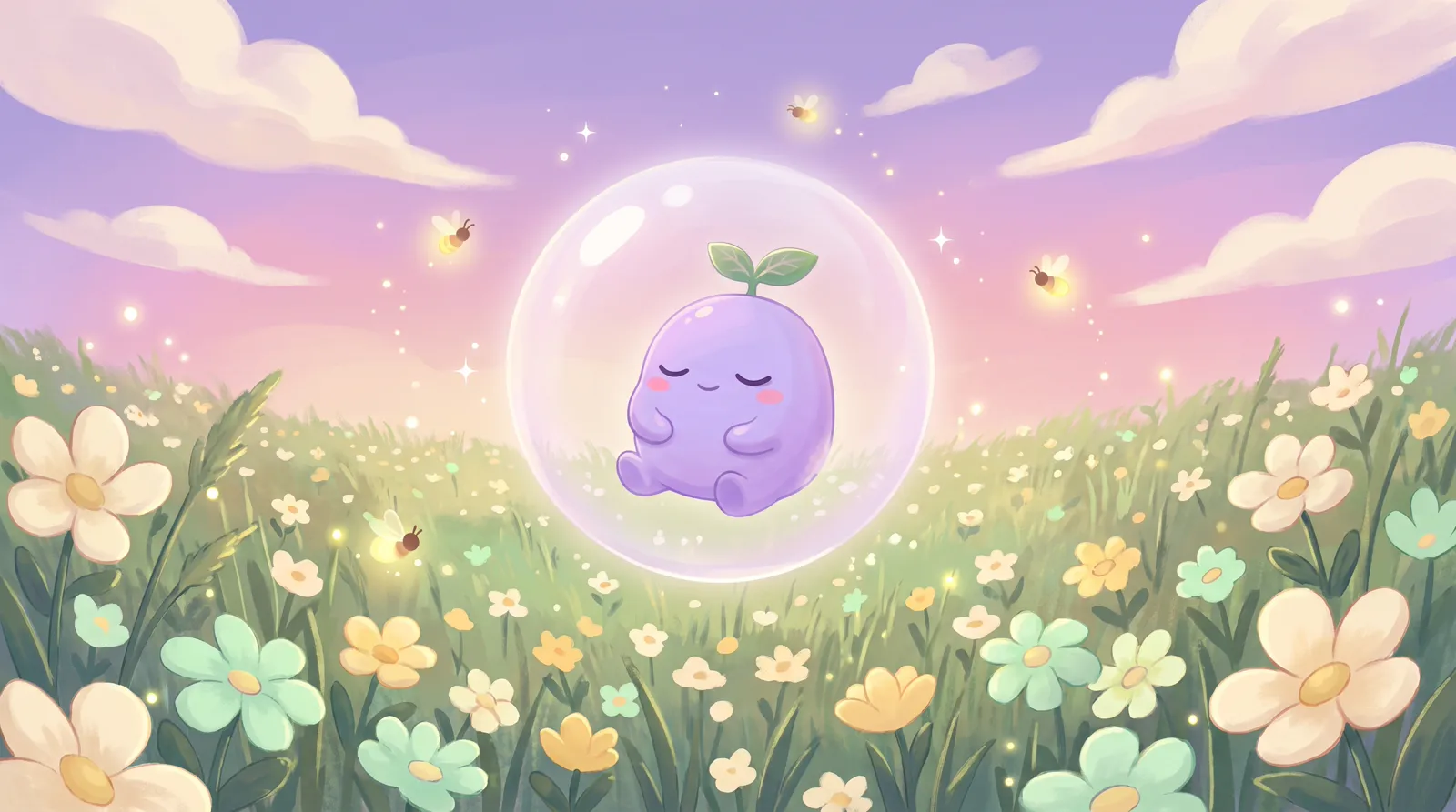 The dreamling sitting calmly inside a soft glowing bubble over a dusk meadow