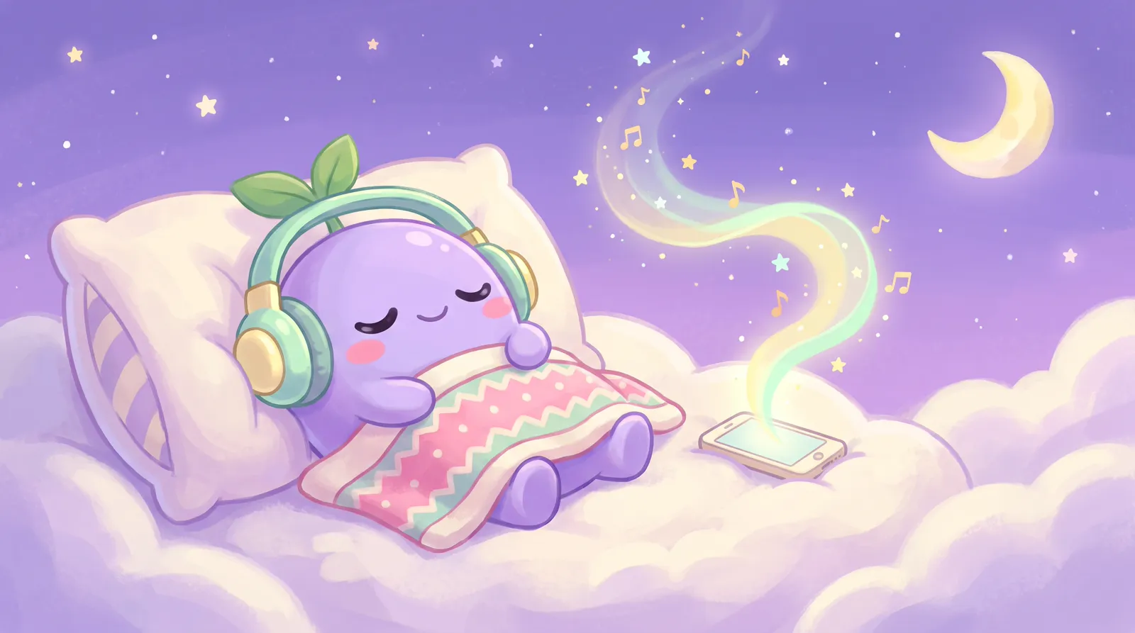 The dreamling lying on a cloud pillow at night with headphones on, a phone glowing beside it