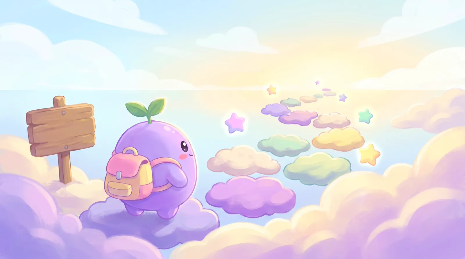 The dreamling with a tiny backpack at the start of a path of cloud stepping stones