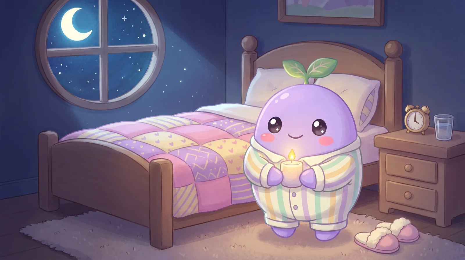 The dreamling in striped pajamas holding a candle in a cozy bedroom at night