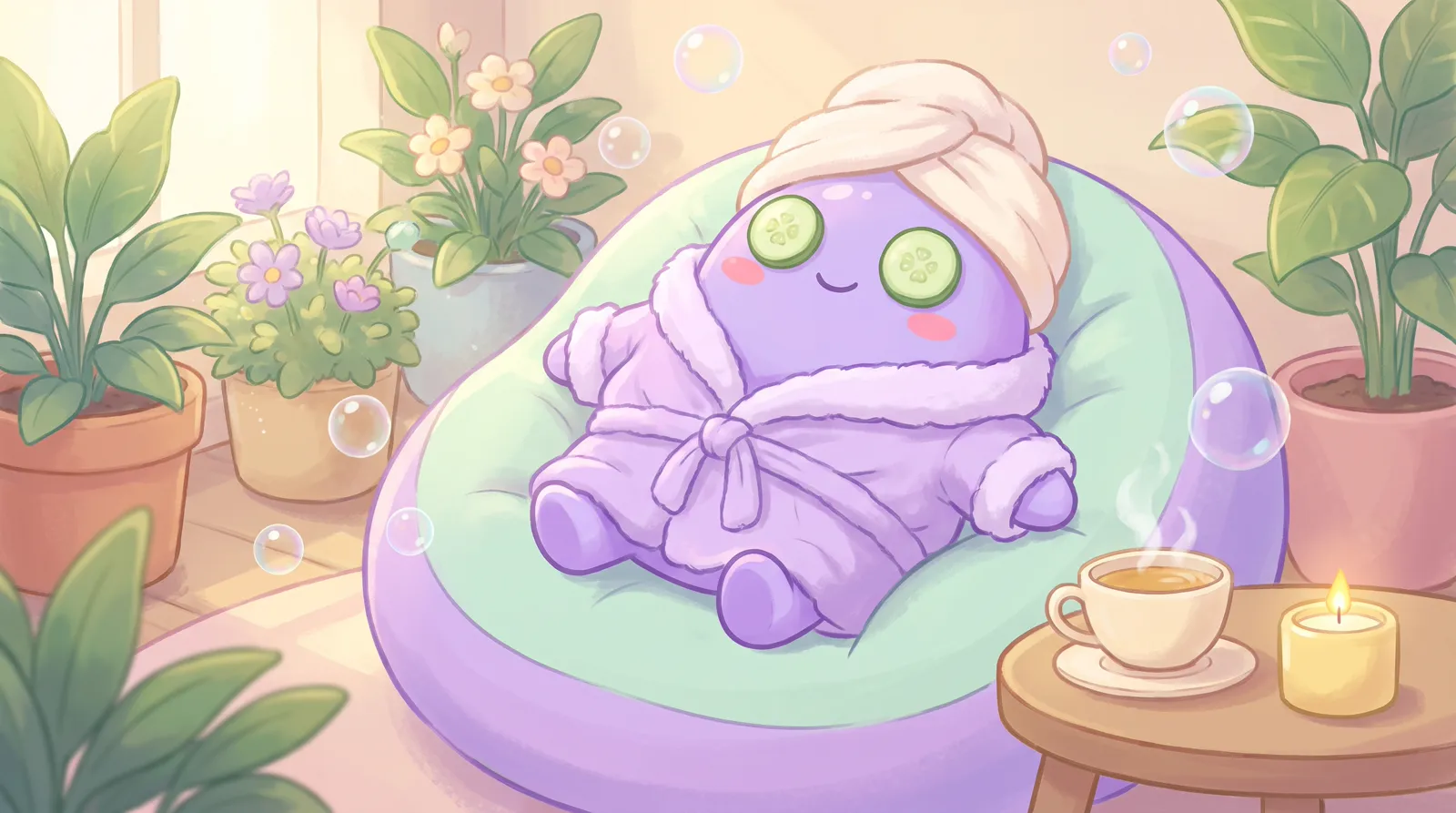 The dreamling in a fluffy bathrobe with cucumber slices over its eyes on a beanbag
