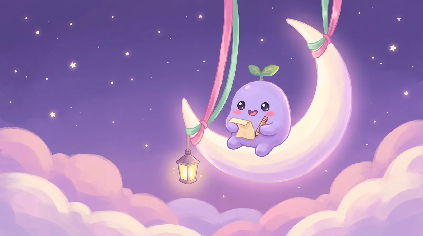 The dreamling writing a small note while sitting on a crescent-moon swing