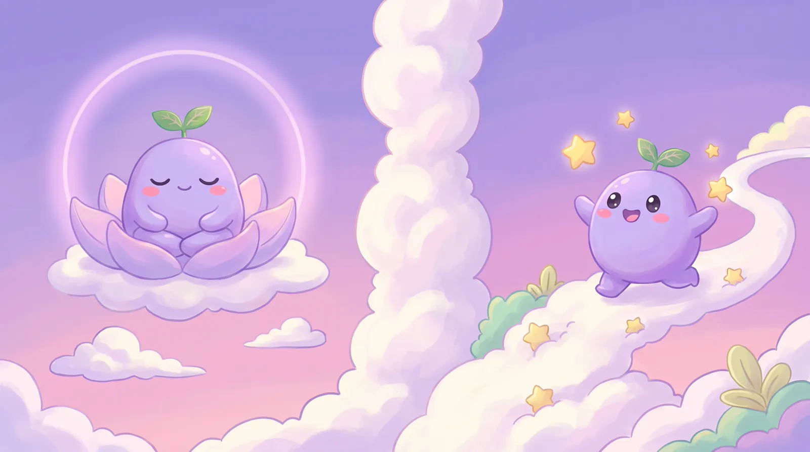 The dreamling meditating on a lotus cloud on the left and running for stars on the right