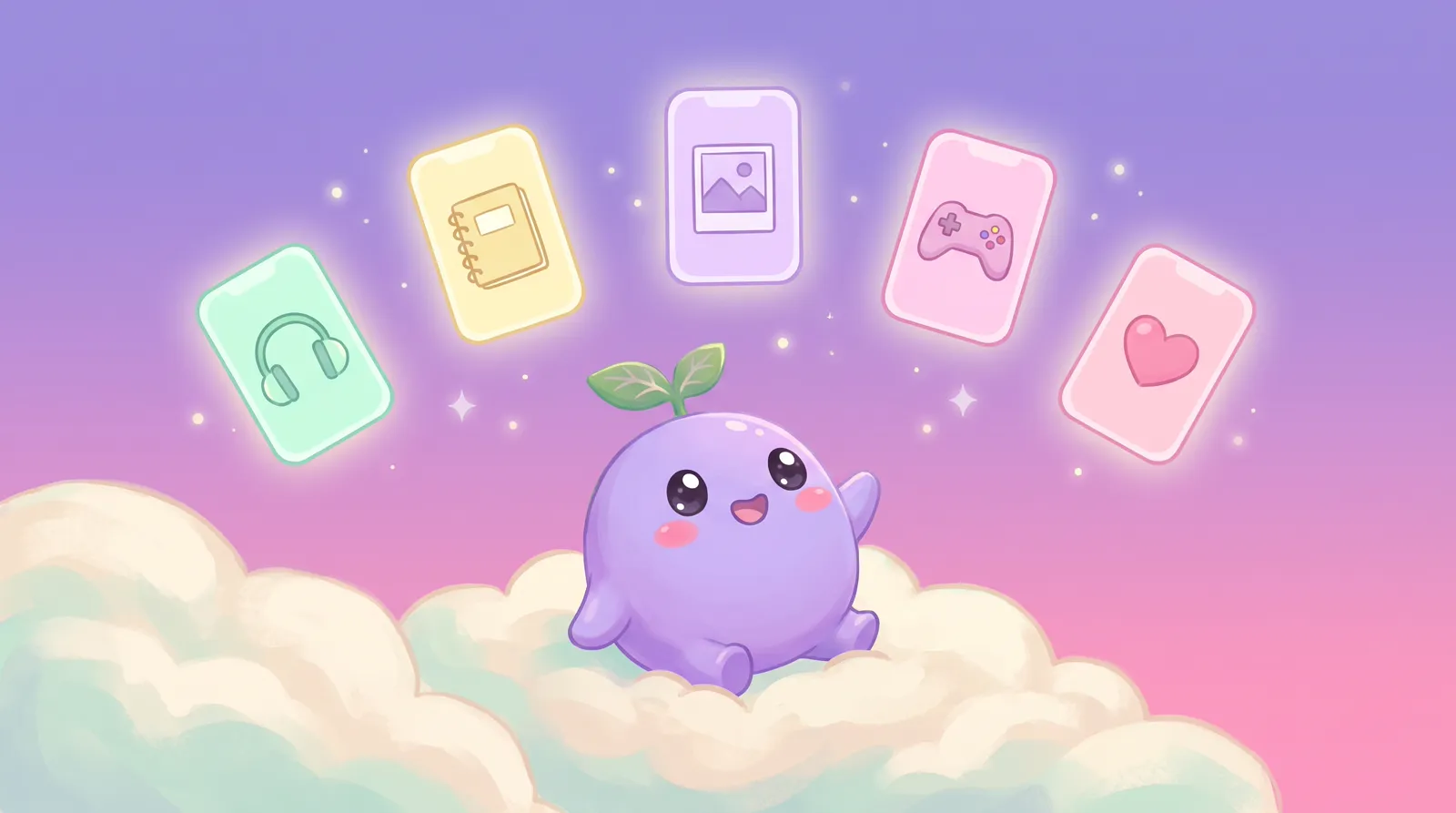 The dreamling looking up at floating phone-shaped cards, each with a glowing icon