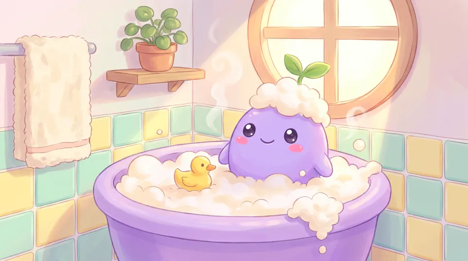 The dreamling in a bubble bath with a rubber duck
