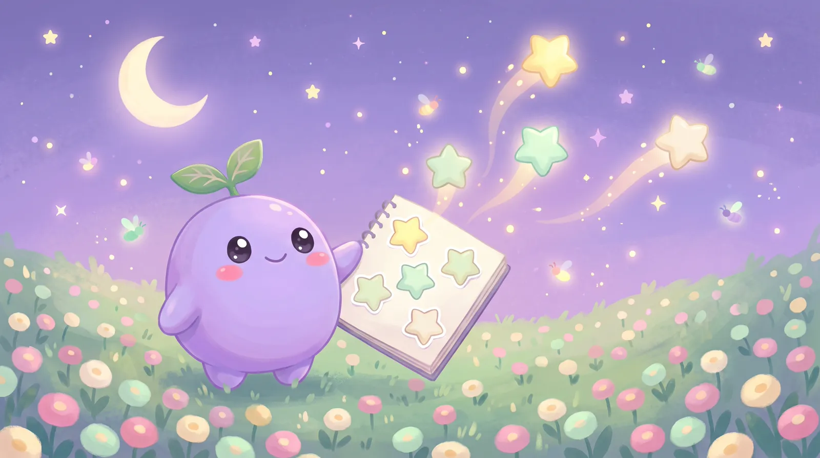 The dreamling holding a notebook page with glowing star stickers under a crescent moon