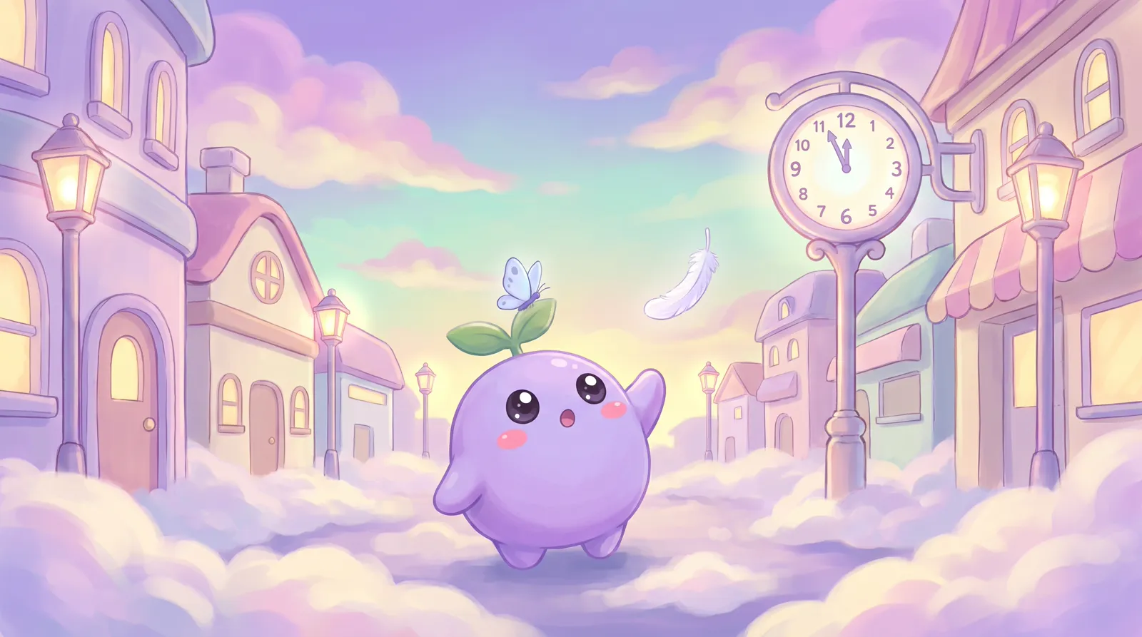 The dreamling on a street of clouds at dusk noticing a butterfly, a clock at 11:11 and a falling feather
