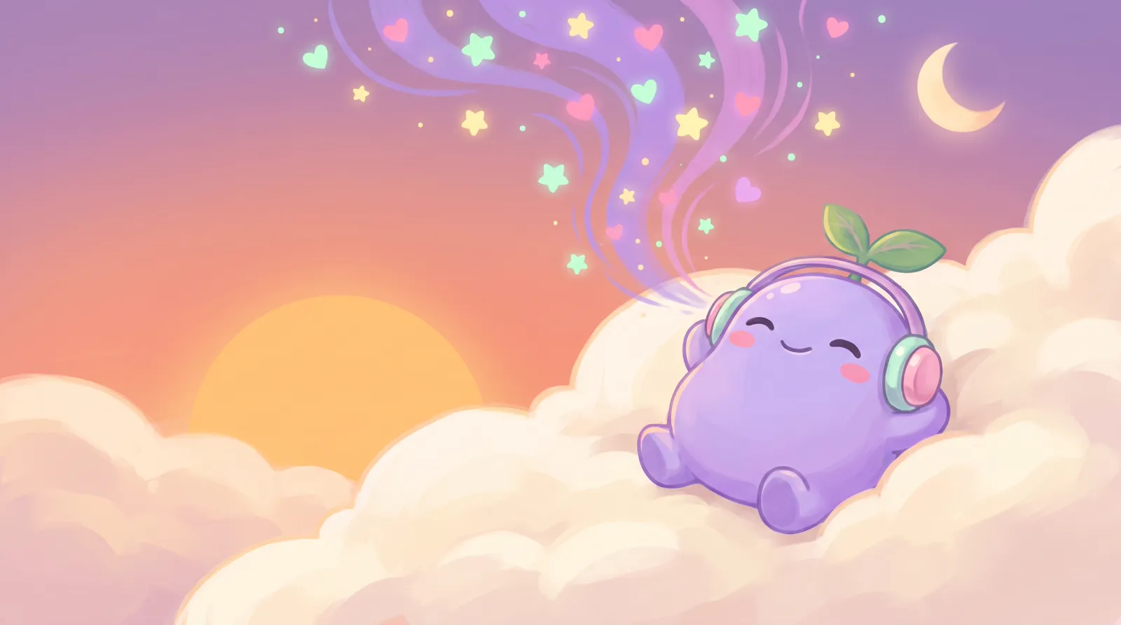 The dreamling lying on a cloud with headphones as sound waves turn into stars