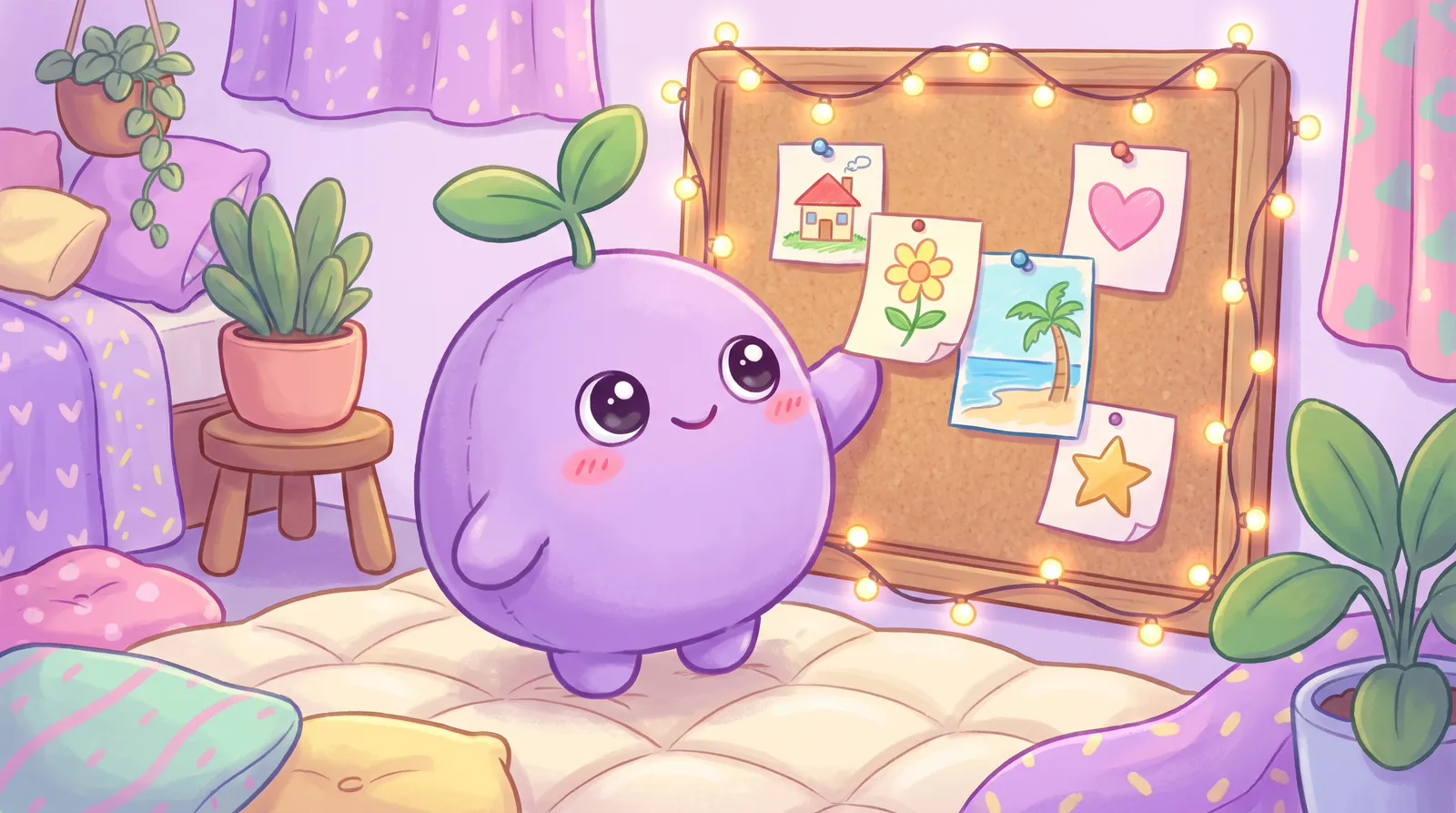 The dreamling pinning pictures of a small house, a flower, a beach, a heart and a star onto a cork board