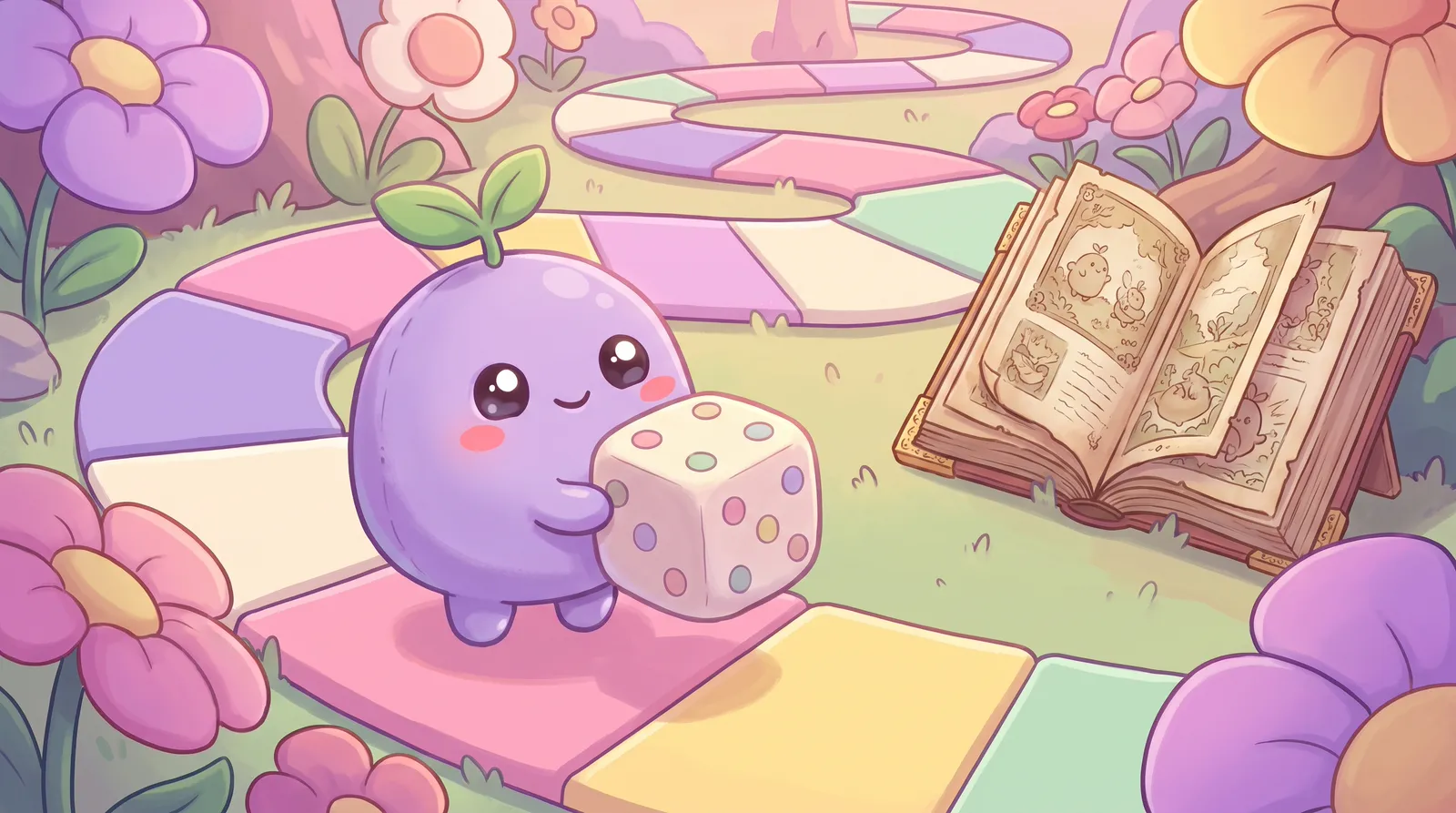 The dreamling on a giant pastel board game path holding a big soft die, an old 1920s book open beside it