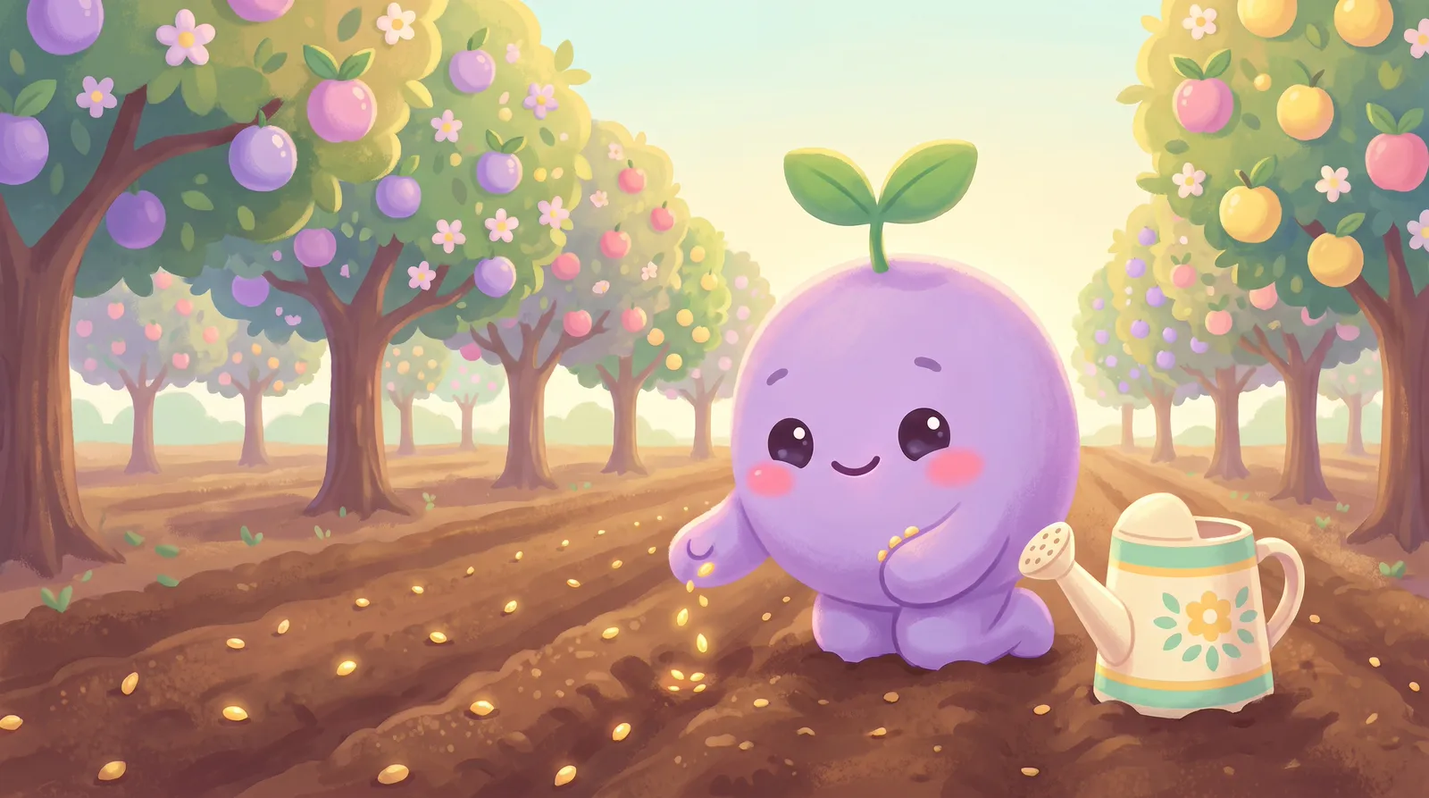 The dreamling planting small golden seeds in neat rows in a sunny orchard, a notebook beside it