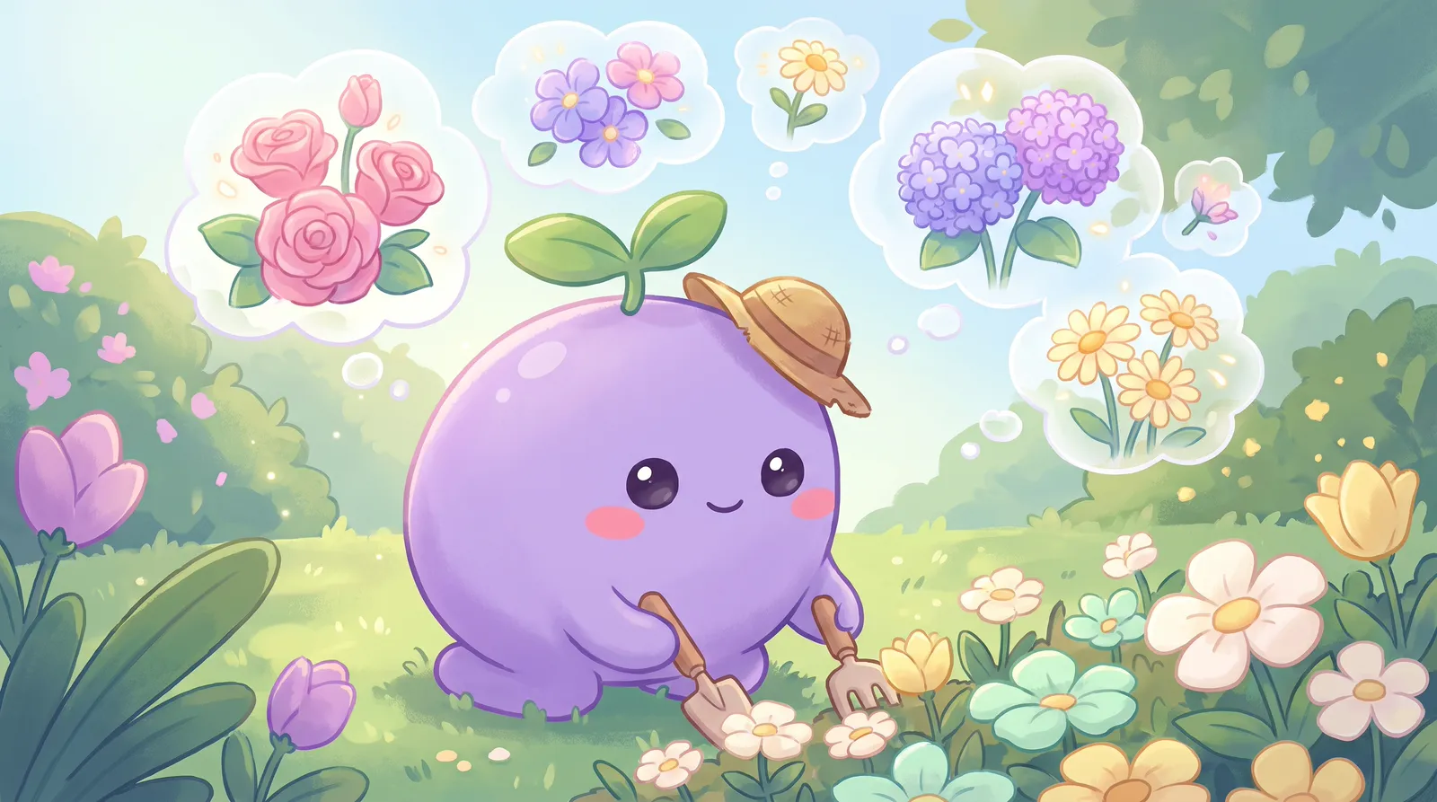 The dreamling tending a small garden while thought bubbles above it show flowers blooming