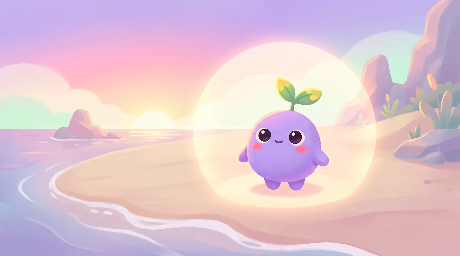 The dreamling inside a huge soft circle of light on a calm beach at dawn