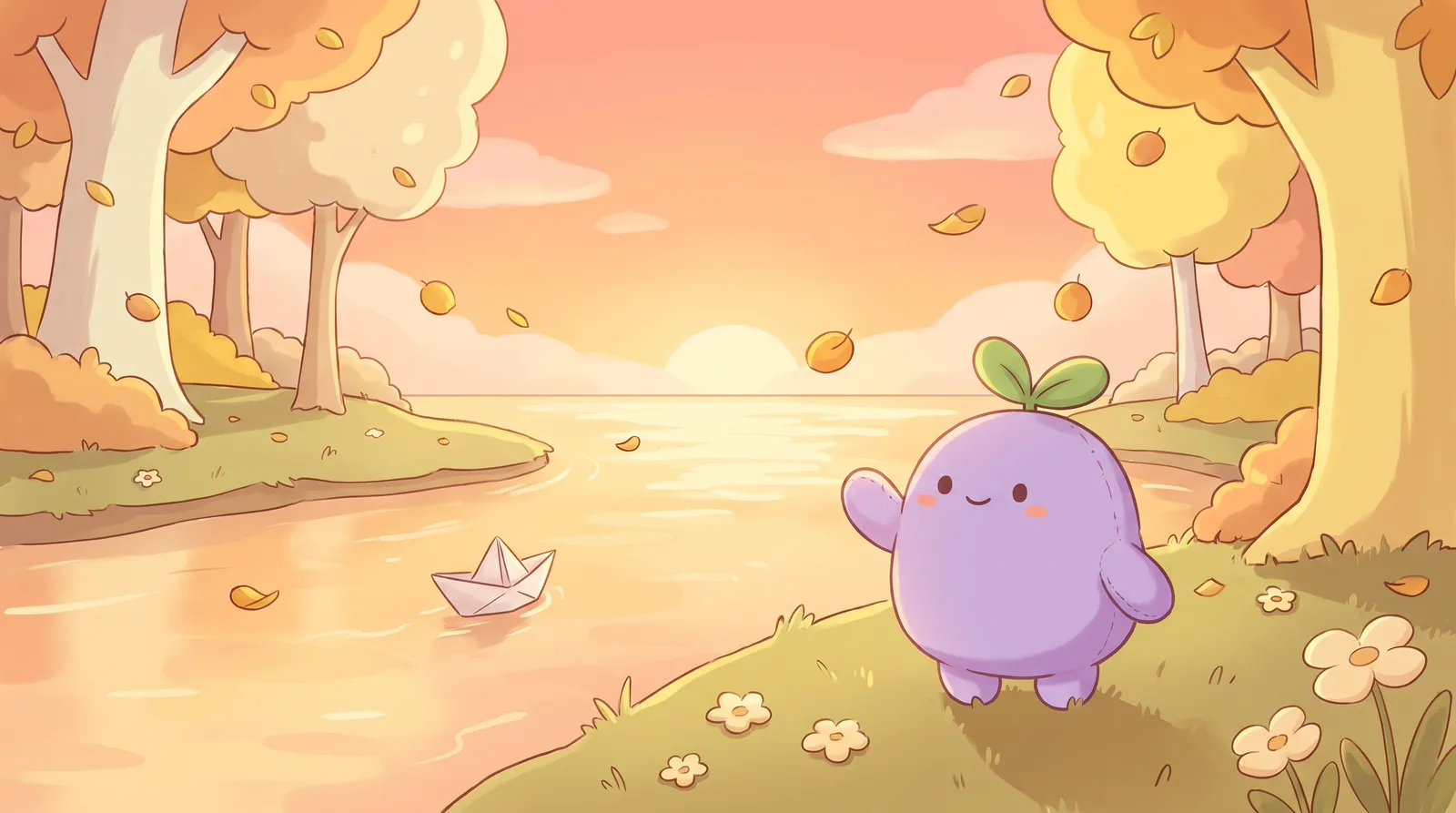 The dreamling waving goodbye to a paper boat on a calm river at sunset, golden leaves falling