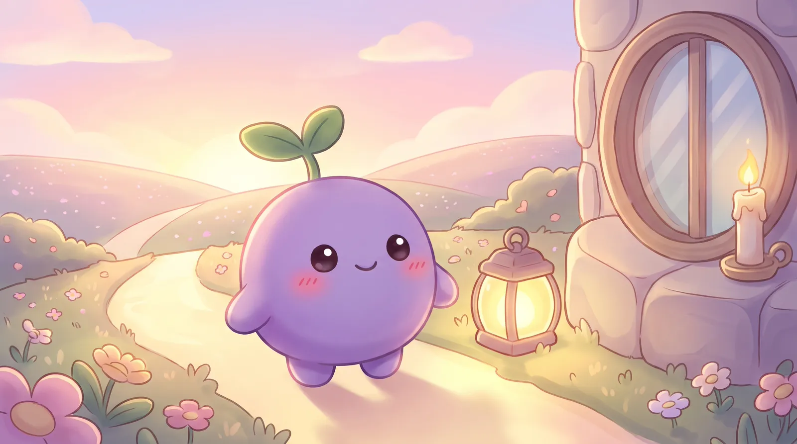 The dreamling at the start of a bright path with a small lantern and a tall candle by a round window at dawn