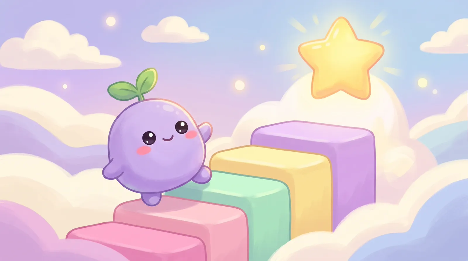 The dreamling climbing four pastel steps of rising height toward a glowing star