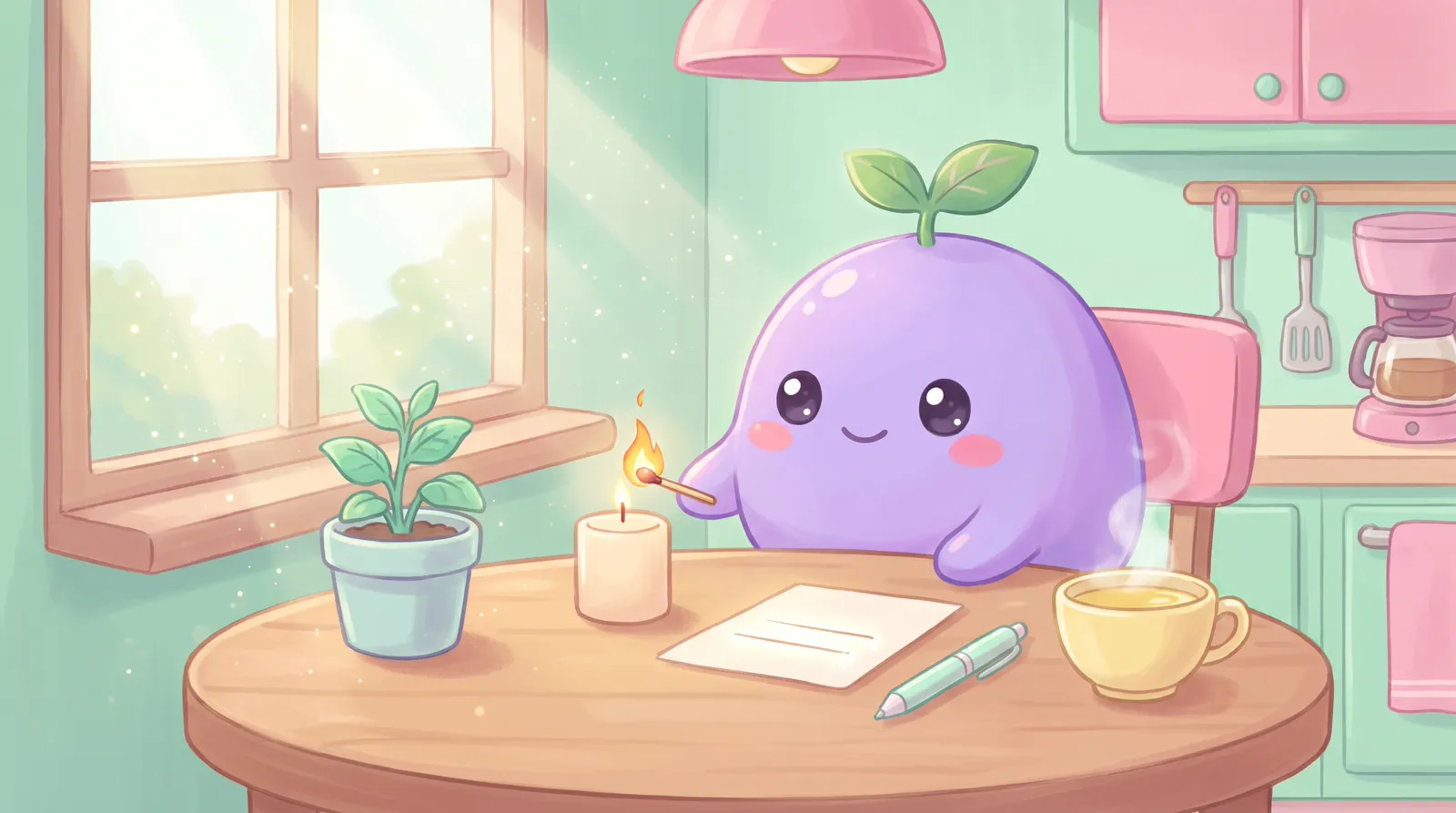 The dreamling lighting a candle beside a single card with one empty line