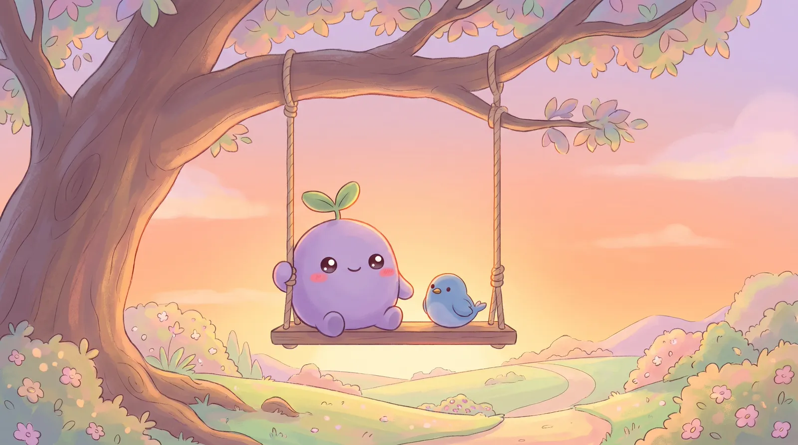 The dreamling and a small blue bird side by side on a swing under a big tree at sunset