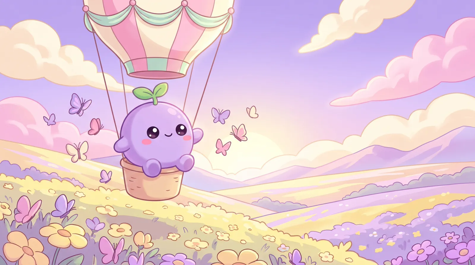 The dreamling riding a small pastel hot air balloon over rolling hills, butterflies around