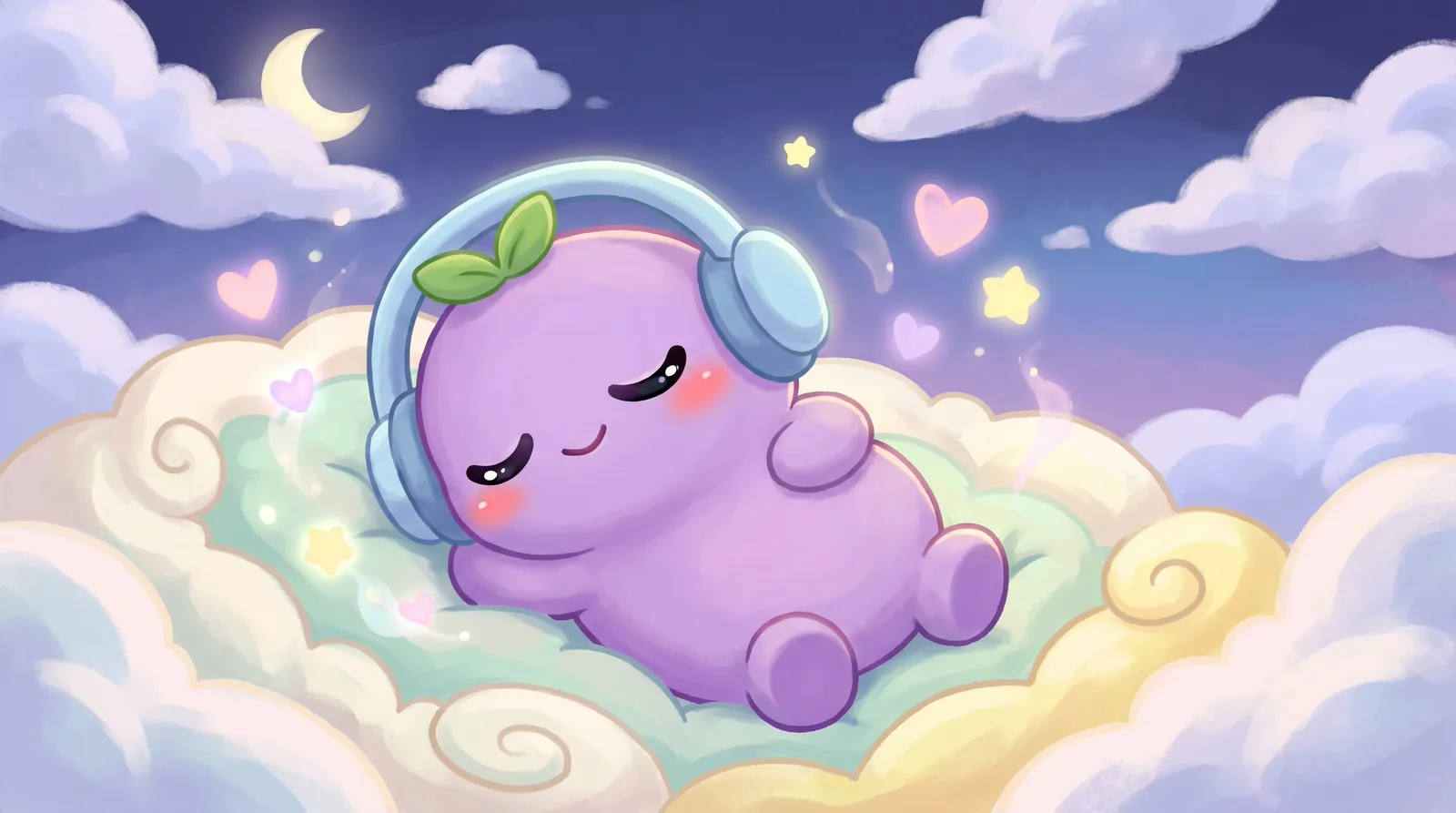 The dreamling asleep on a cloud with soft headphones, faint glowing hearts and stars drifting around it