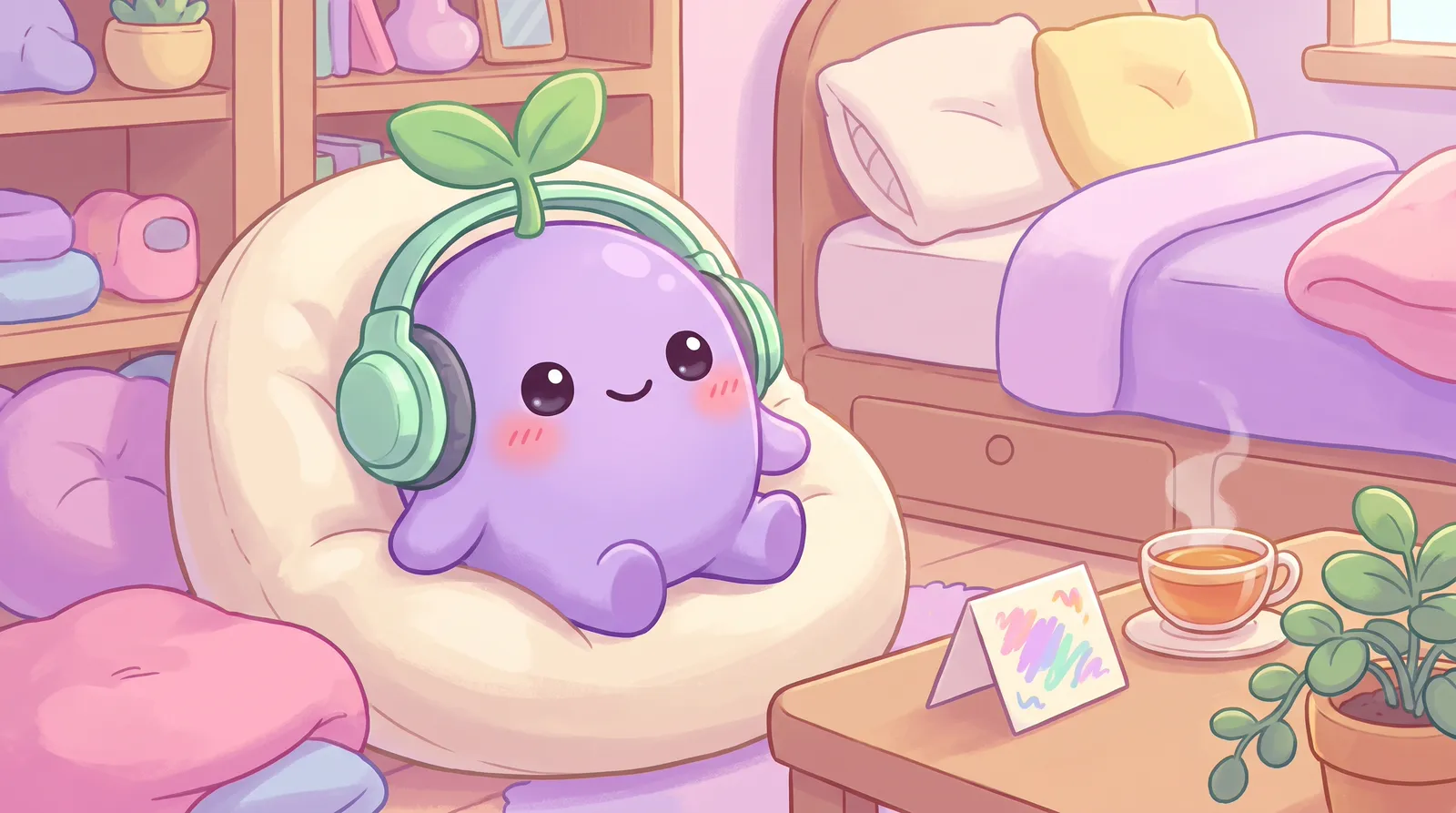 The dreamling on a bean bag with headphones, a playlist card, tea and a plant