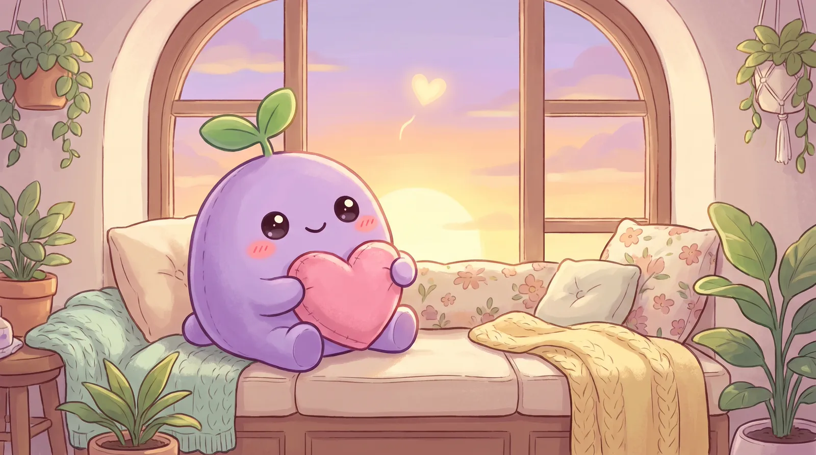 The dreamling on a window seat at sunset hugging a heart pillow, a small glowing heart floating up into the sky