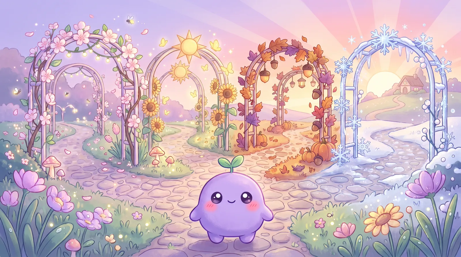 The dreamling at the start of a path through twelve glowing garden arches, one for each season