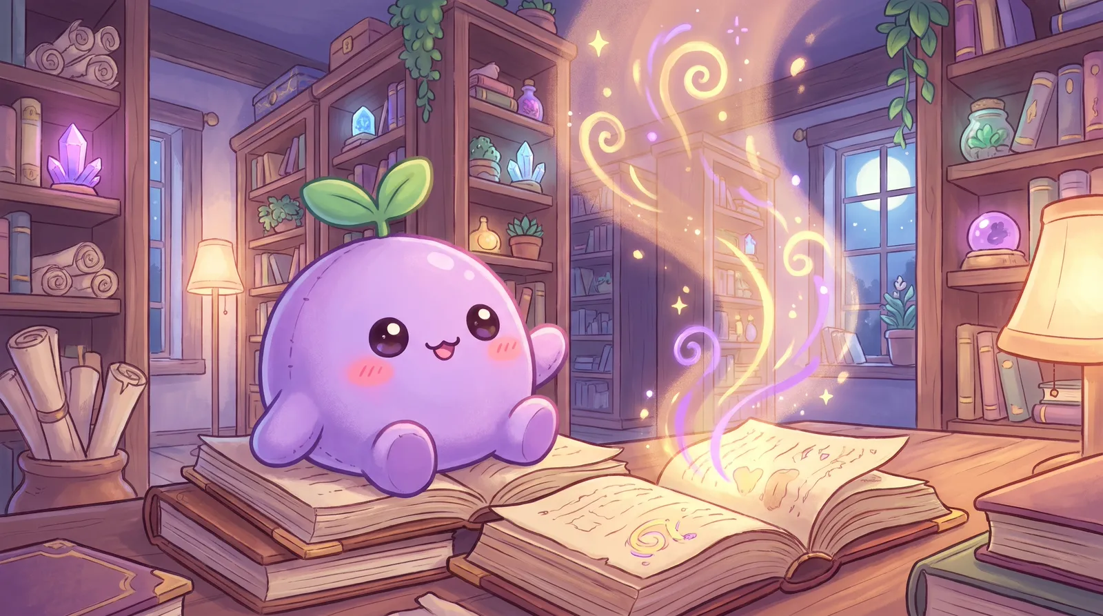 The dreamling in a tall library as glowing sparkles drift up from an open old book