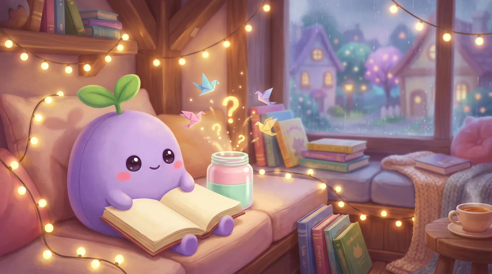 The dreamling in a reading nook with fairy lights, paper birds fluttering out of a pastel jar