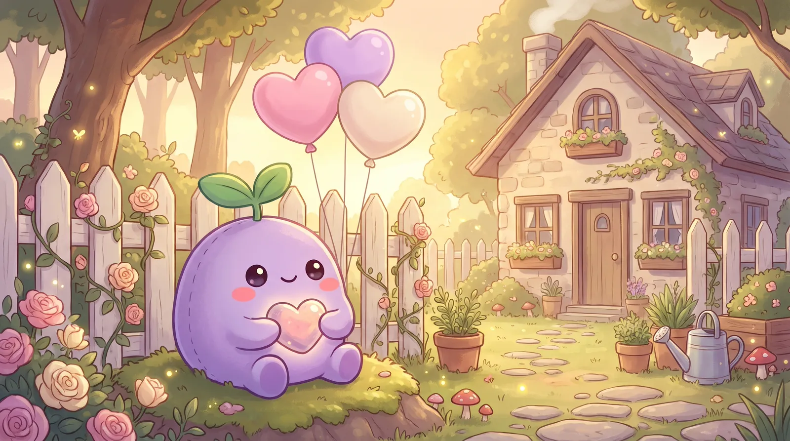 The dreamling in a sunlit cottage garden holding a glowing heart stone, three heart balloons above