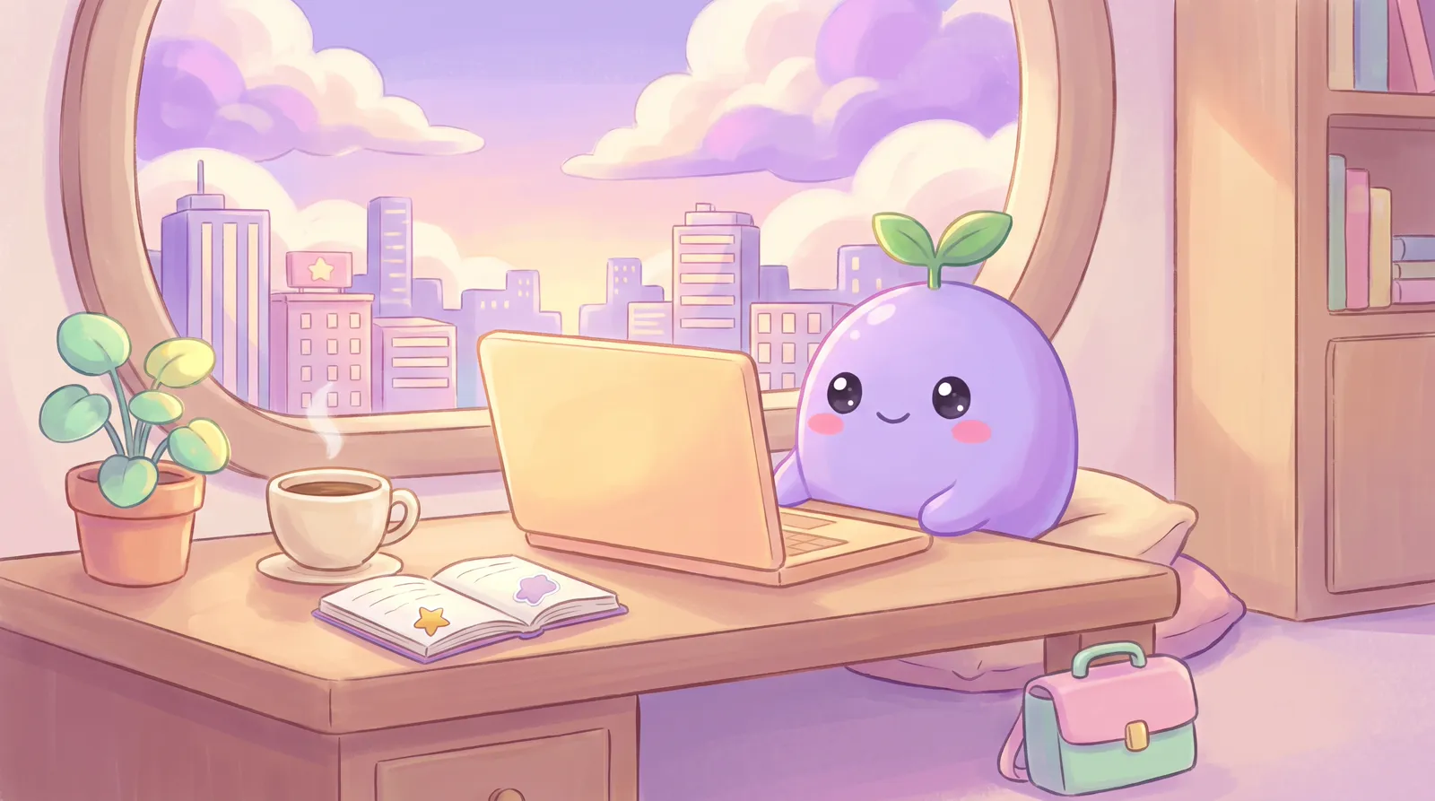 The dreamling at a desk with a glowing laptop, a coffee and a tiny briefcase in the morning