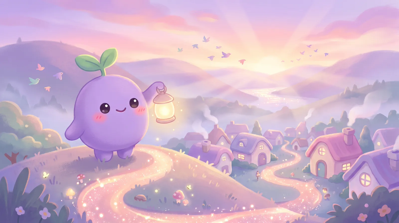 The dreamling on a hilltop at sunrise holding a lantern above a path of light to a valley