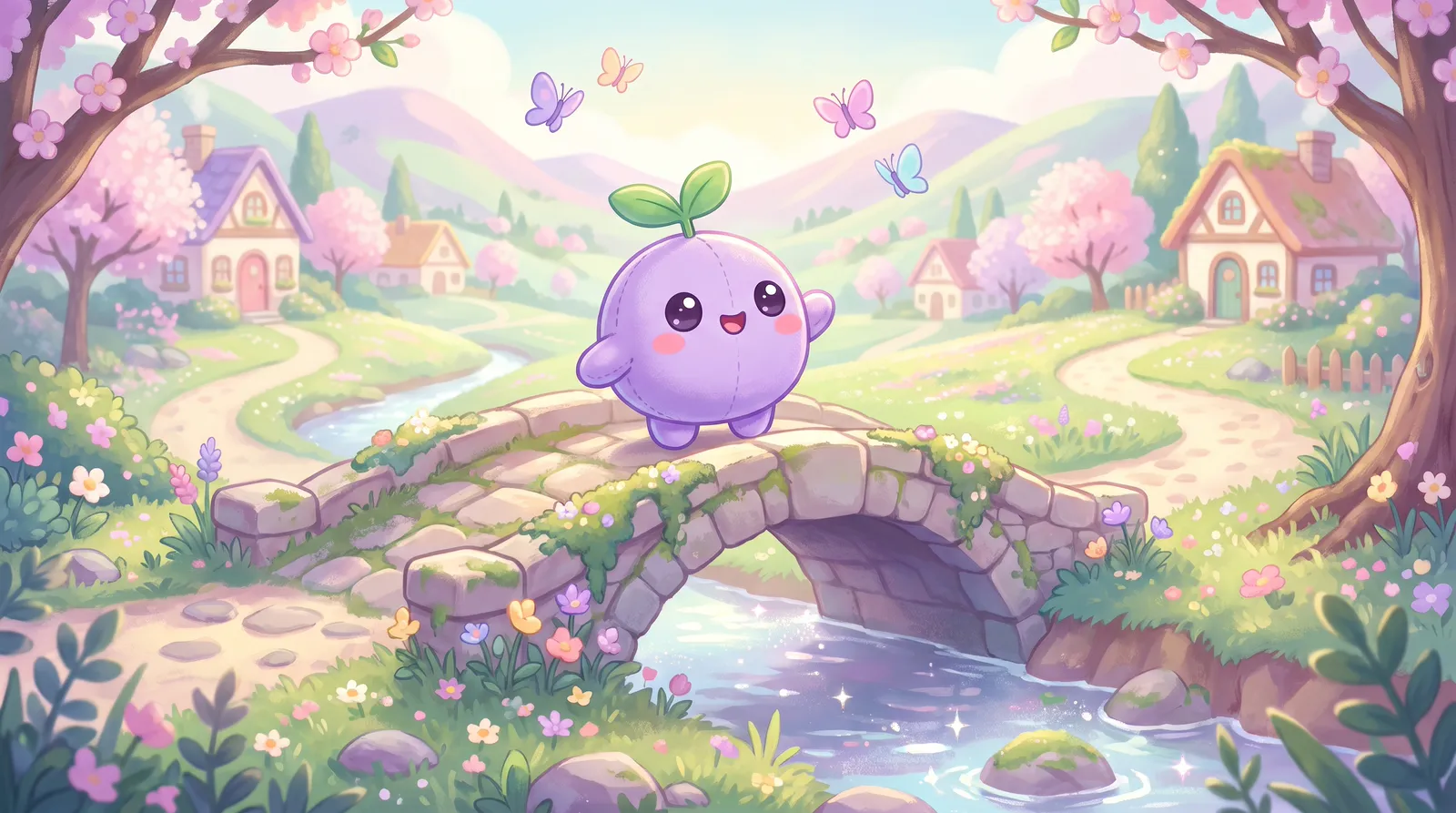 The dreamling on an arched stone bridge where two paths join into one, butterflies above