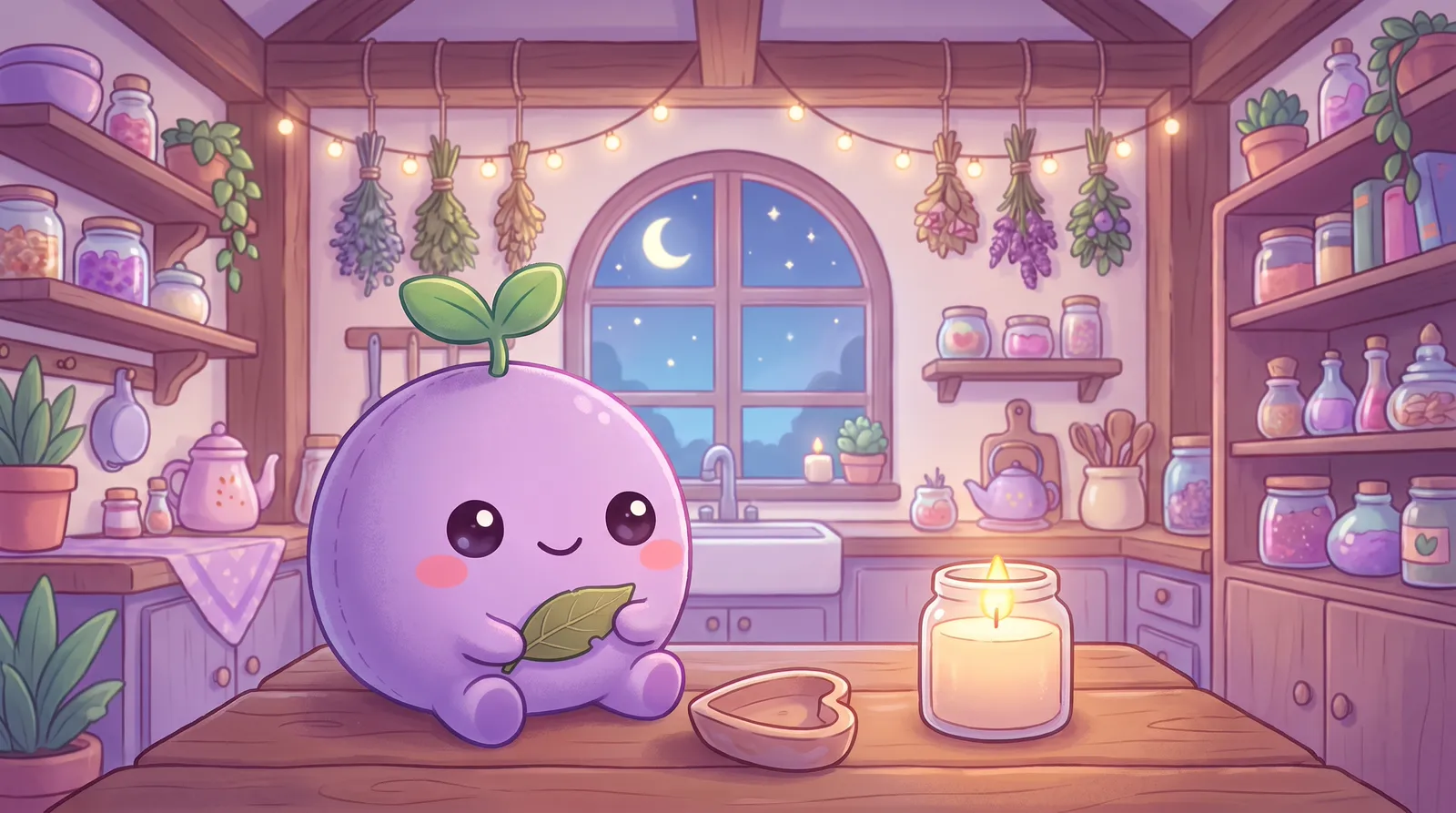 The dreamling holding a bay leaf over a small dish in a cozy kitchen at night, a candle beside it