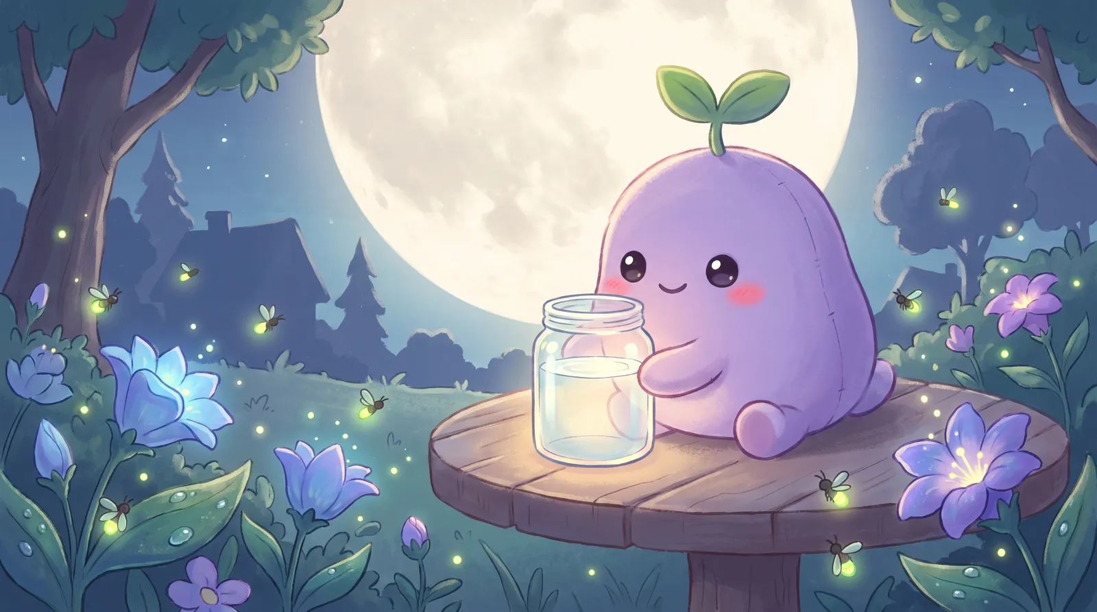 The dreamling setting a glowing glass jar of water under a huge full moon in a night garden