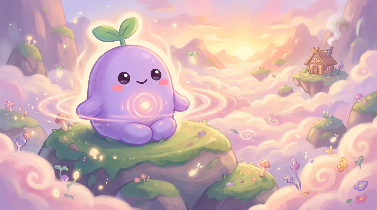 The dreamling meditating on a rock above pink clouds at dawn, light rippling from its heart