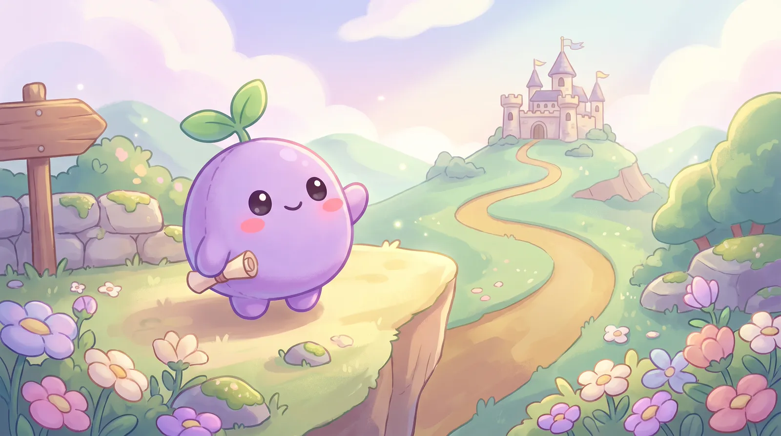 The dreamling on a cliff-top holding a scroll, looking toward a hilltop castle