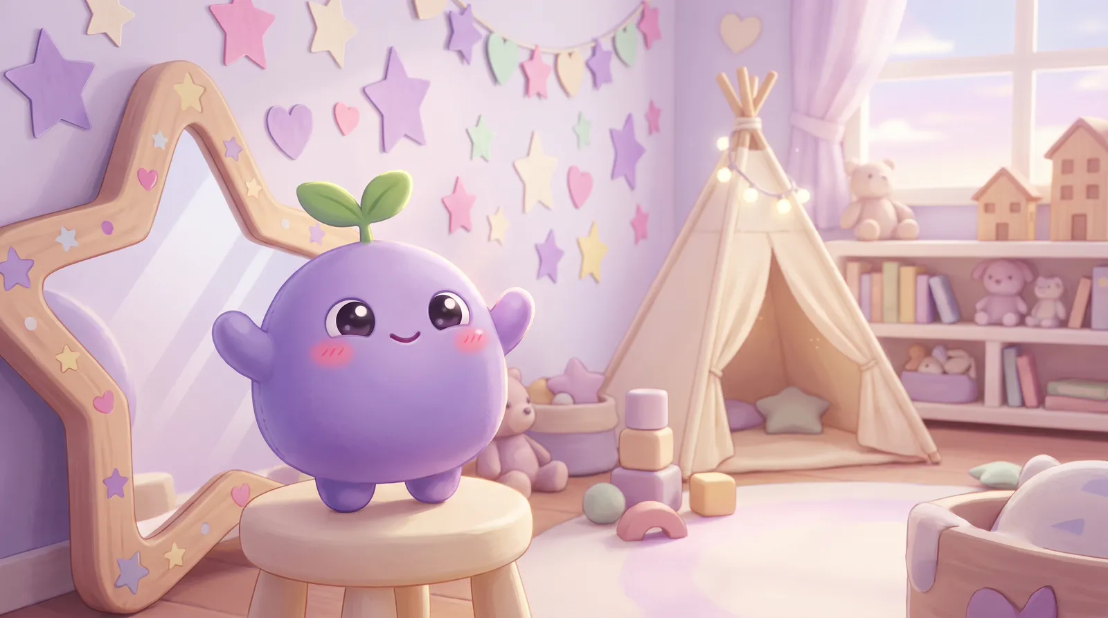 The dreamling on a stool before a star-framed mirror with arms up proudly in a playroom