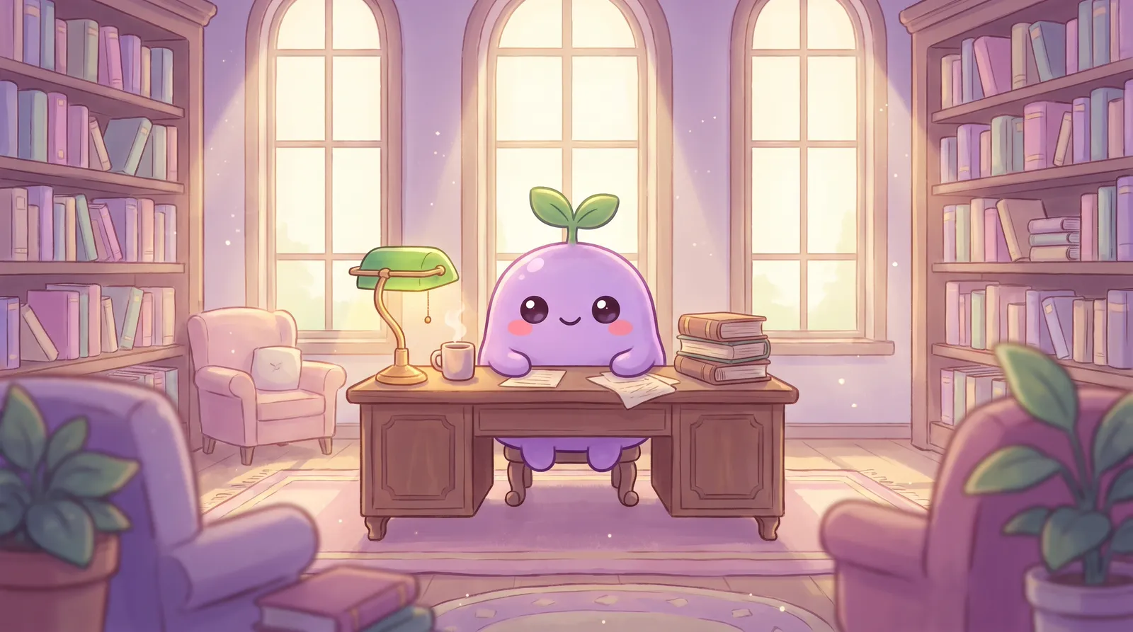 The dreamling calm and confident at a library desk with books, a green lamp and a mug